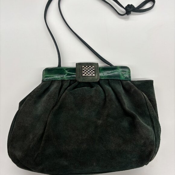 Vintage Italian Suede Handbag – Emerald Green Accents & Checkered Clasp - Picture 4 of 9